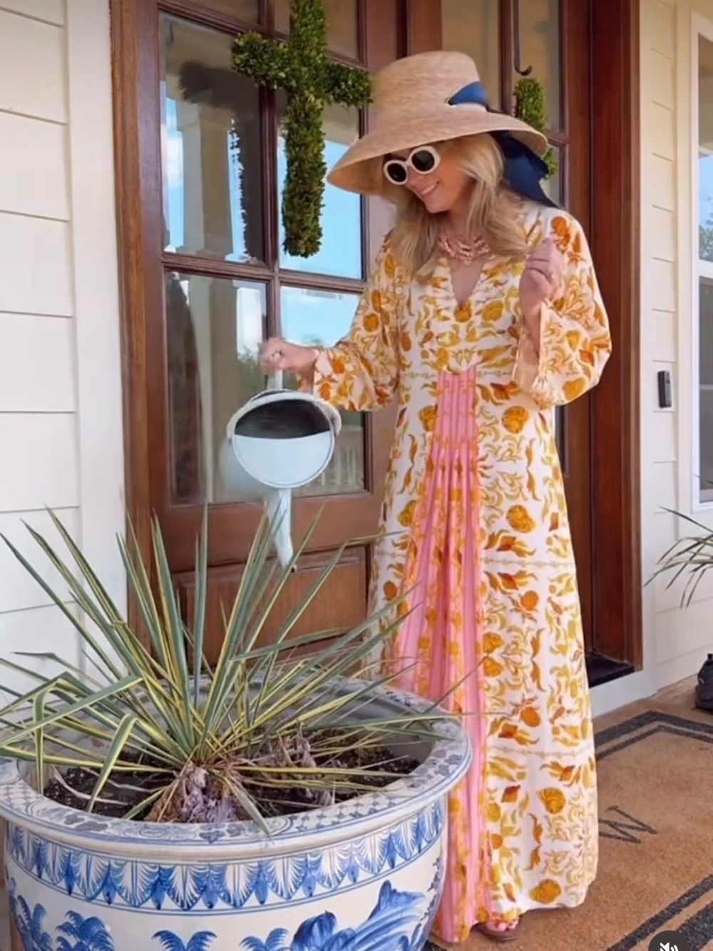 Floral Cream Maxi Dress with Yellow Print & Pink Pleat